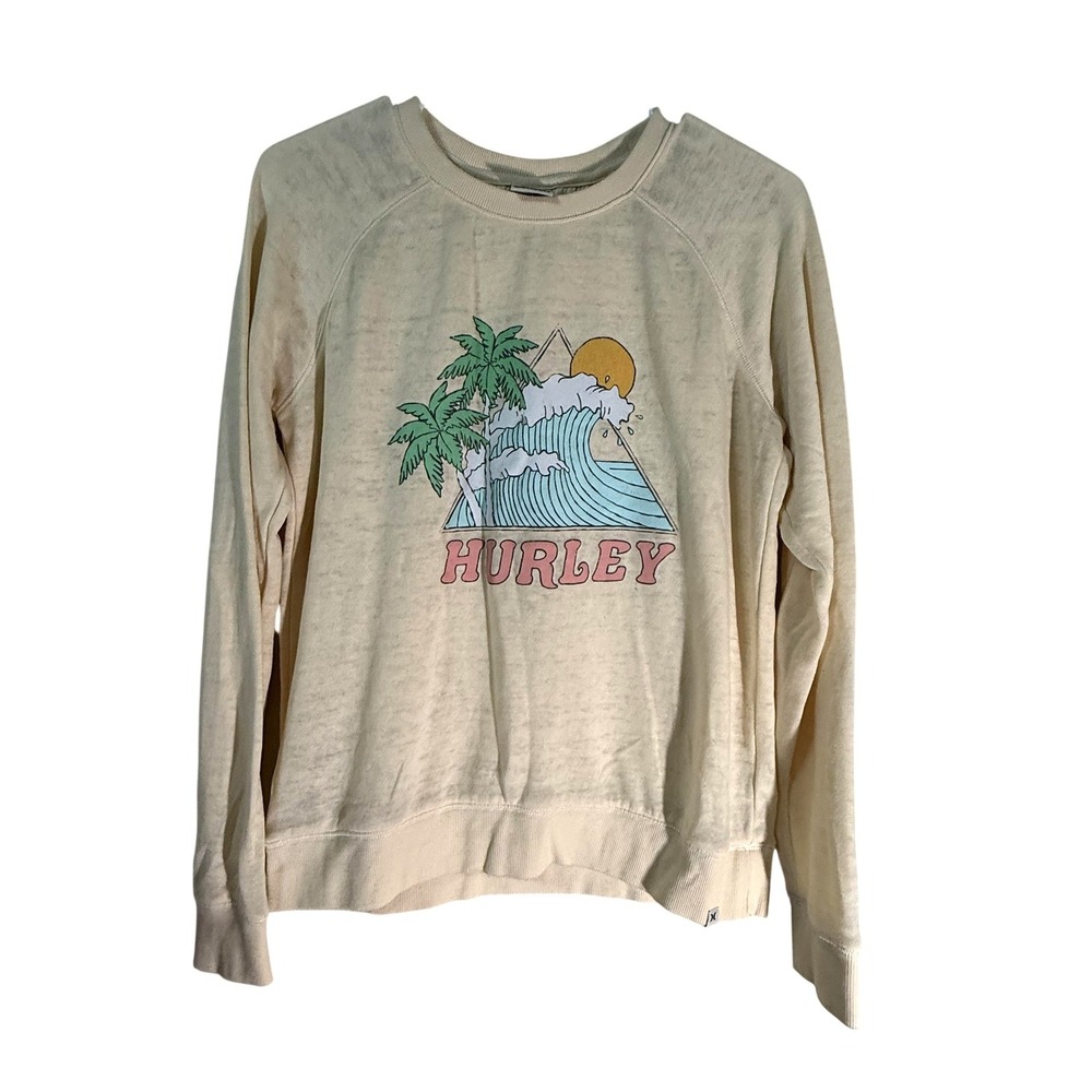 Hurley Sweatshirt Womens S cream Graphic Pullover Crew Neck Lightweight Fleece